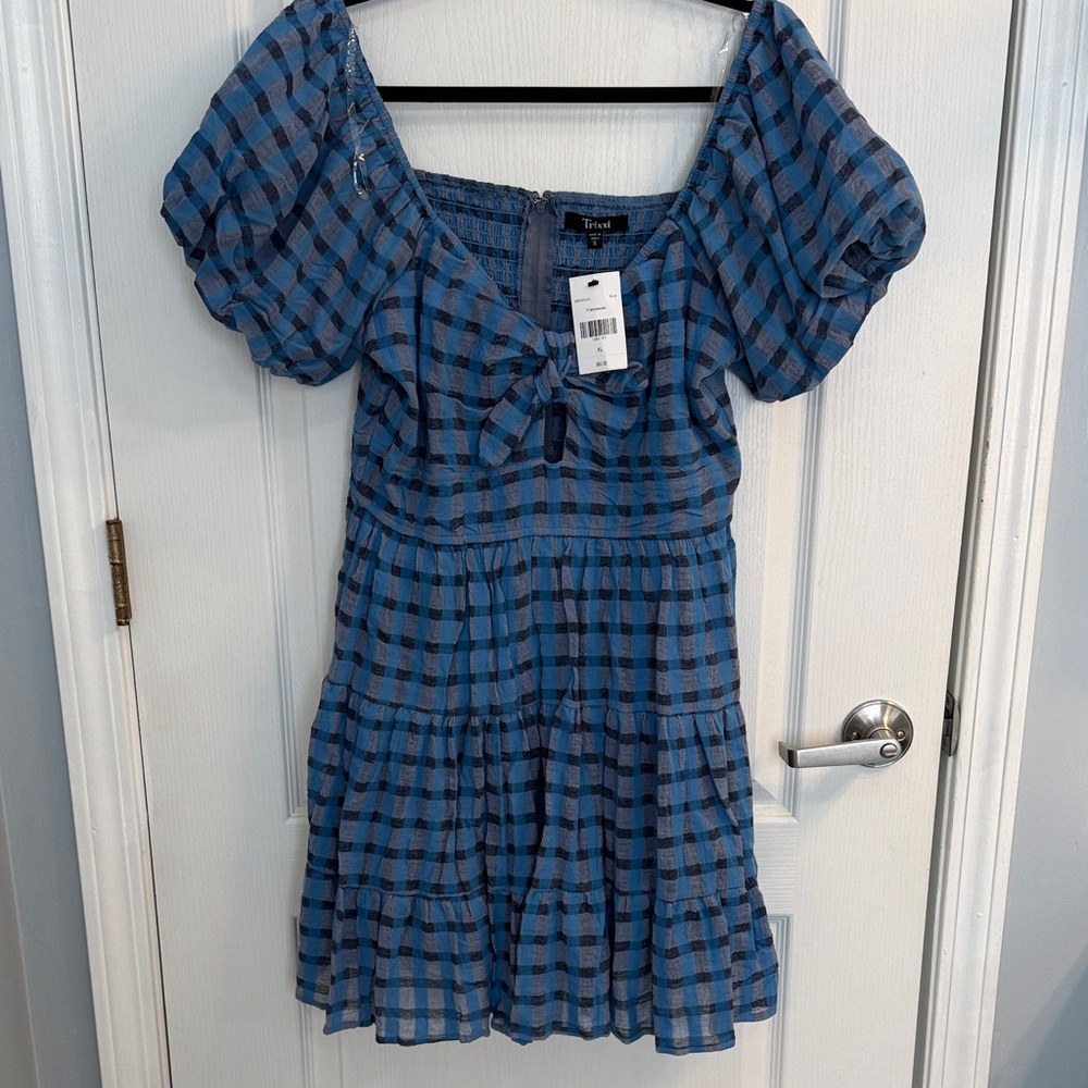 Trixxi Blue and Black Checked Puff Sleeve Mini Dress